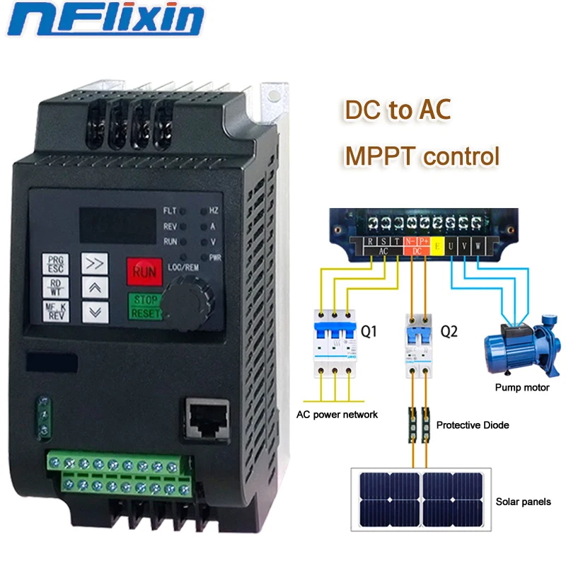 Solárne automatické vodné čerpadlo DC DC na AC 0,75KW-11KW 220V alebo 380V Výstupná variabilná rýchlosť frekvencie pre vodné čerpadlo