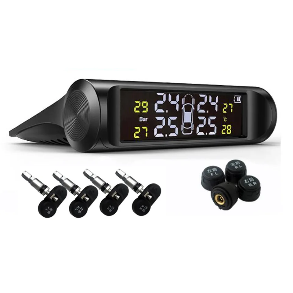 Solárne napájanie USB TPMS Monitorovanie tlaku v pneumatikách LCD 4 Externé / vnútorné senzory pre varovanie teploty SUV sedan