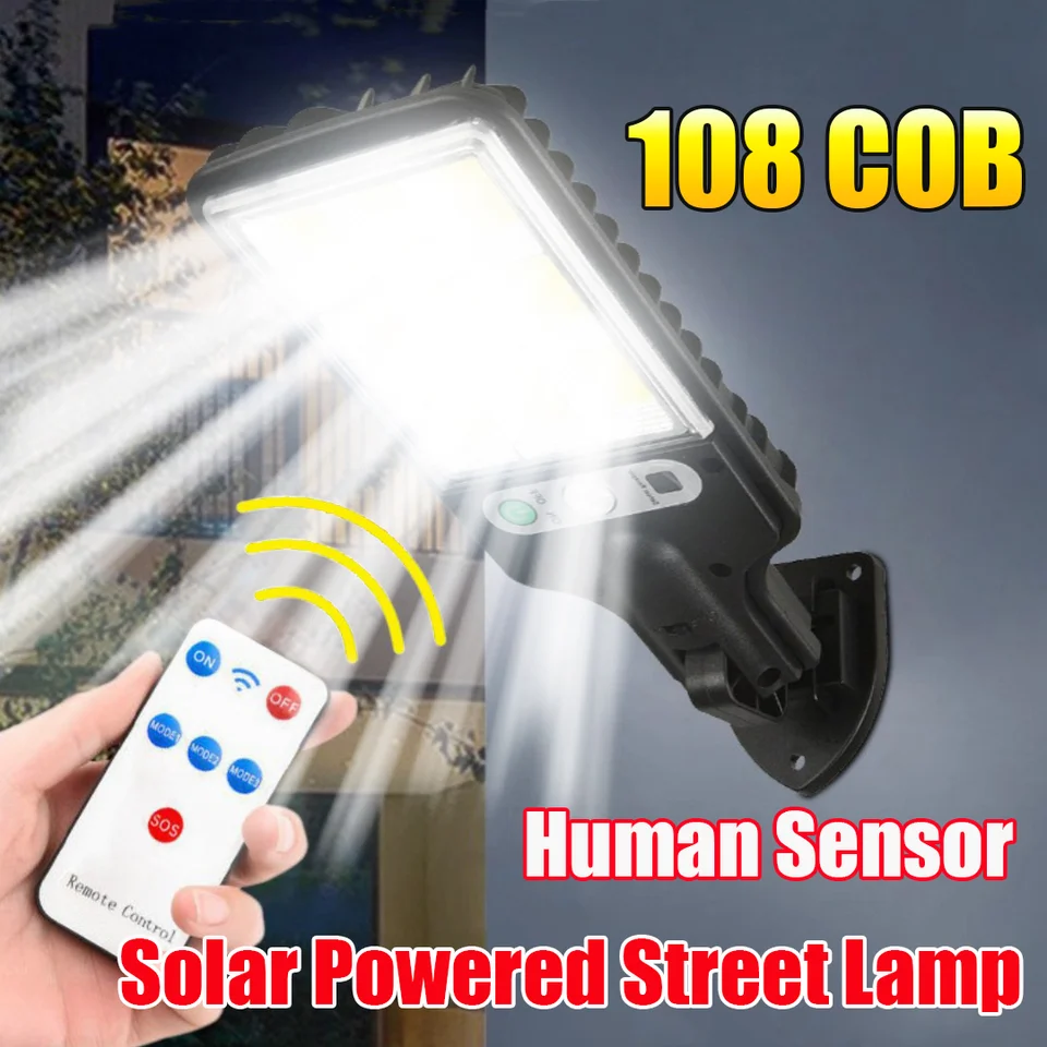 Solárne pouličné svetlá vonkajšie 108cob LED s reflektorom so svetlami a 3 osvetľovacie režimy PIR Sensor Sensor Lightlight Garden Solar Lamp