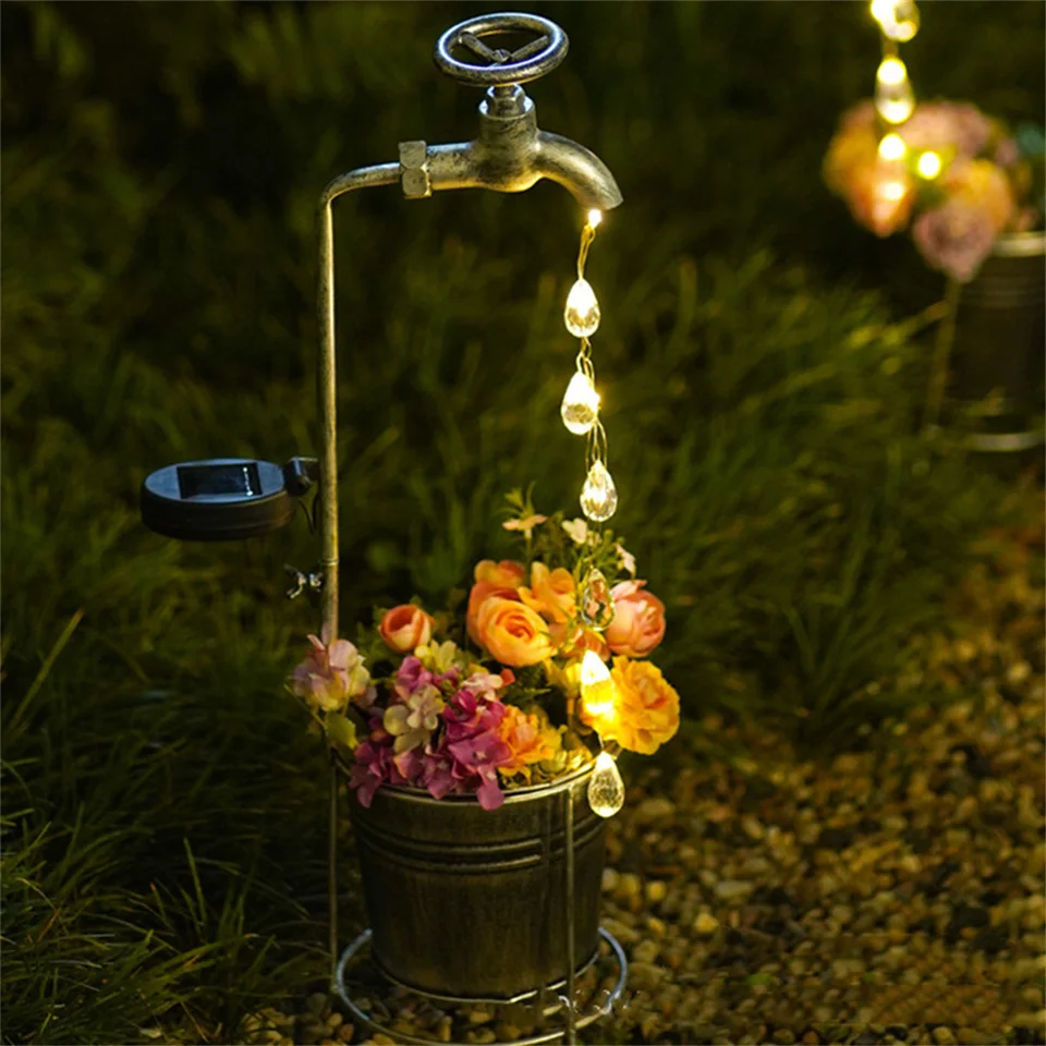 Solárne svetlá vonkajšie kovové zalievanie môže zasiahnuť pre záhradné umenie lampa dekor solárna voda faucet faucet kvetináč svetlo trávnaté lampa