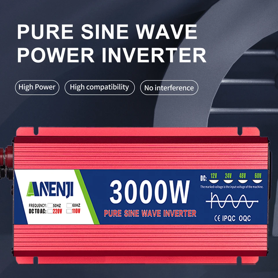 Solárny invertor automobilu 3000W 48V 1000W Pure Sinine Wave Inverter DC 12V 24V 48V až AC110V 220V Prenosný menič prenosného prevodníka automobilov