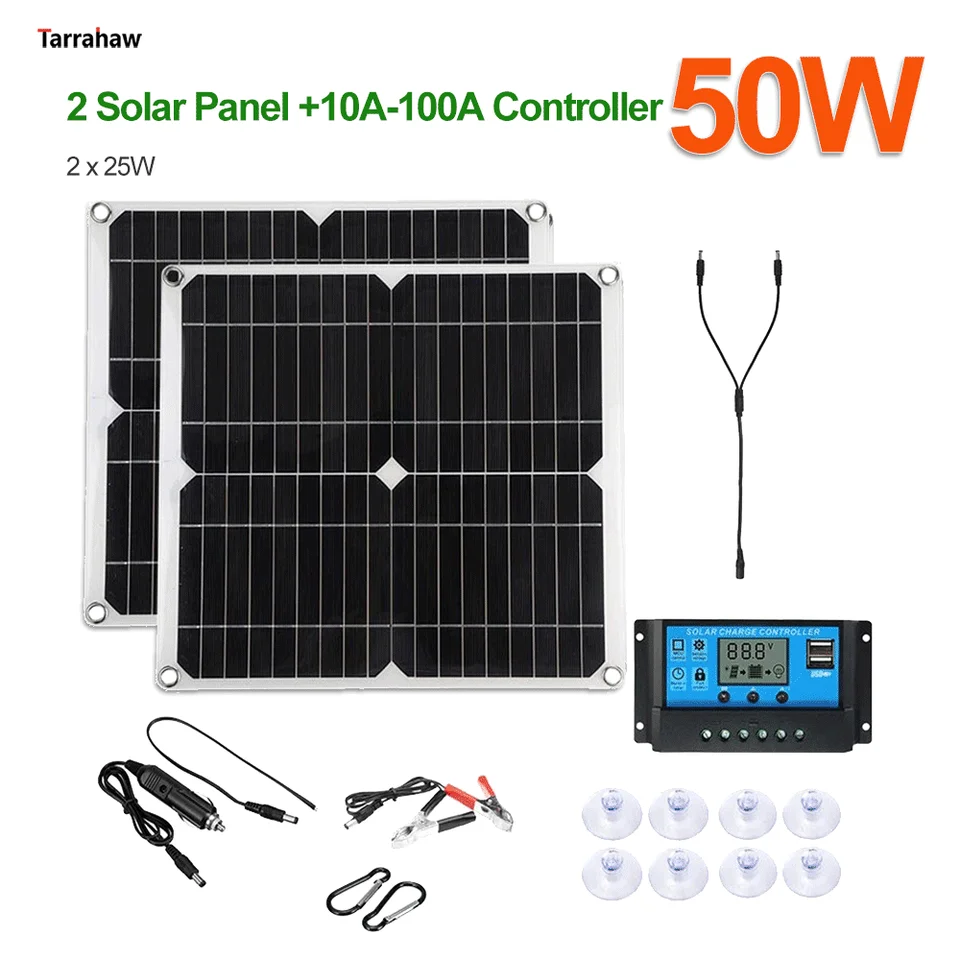 Solárny systém energie Generovanie Solárny panel 50W 5V 2 USB/18V DC Outdoor Prenosný vodotesný nabíjací doskový fotovoltaický súprava