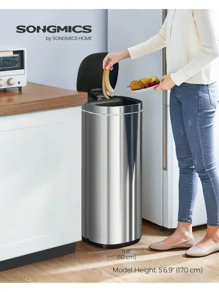 SongMics Motion Sensor Trash Can, 13 galónovej automatickej kuchynskej plechovky, viacfarebné indikátorové svetlá, ovládanie zápachu ozónu