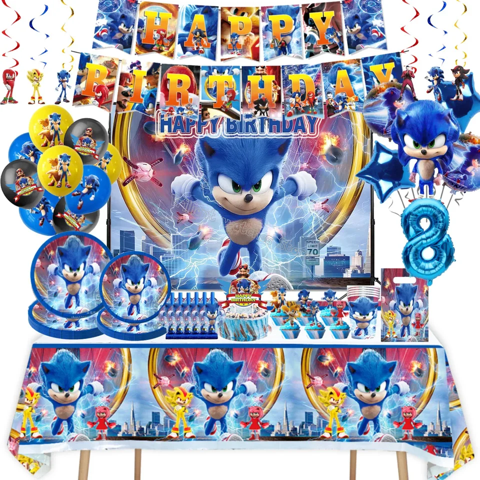 Sonic Narodeninová oslava dekorácia roztomilý karikatúra stolové pozadie Banner plagát Obrusy balón sling tortu topper set pre deti darček