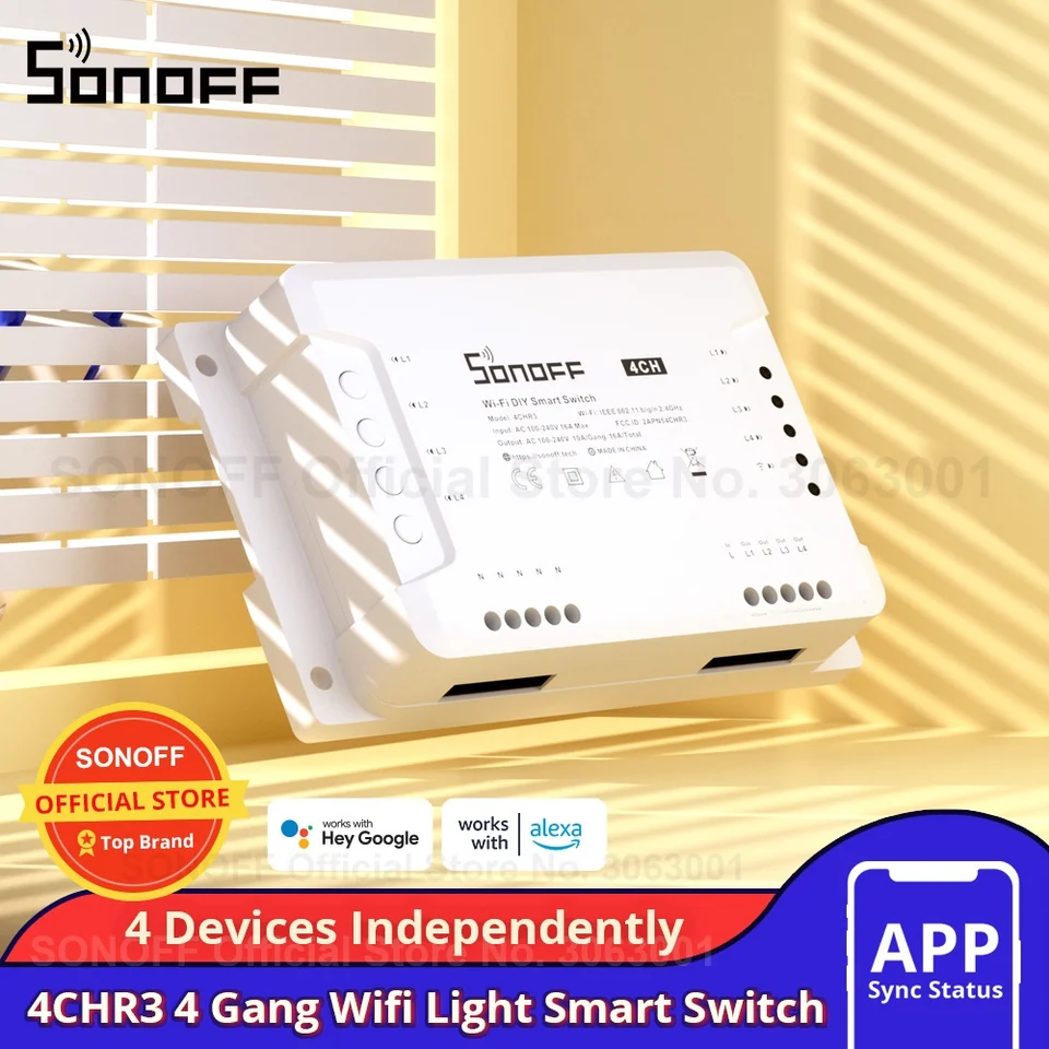 Sonoff 4Chr3 4 Gang WiFi Light Smart Switch, 4 kanály Elektronický prepínač IOS Android App Control, pracuje s Alexa Google Home