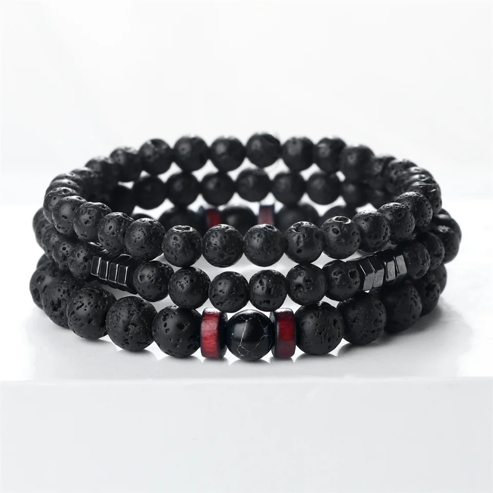 Sopečné láva kamenné mužov náramok set onyx tiger oči čierne matné korálky liečivé elastické náramky a náramky módne dámske šperky