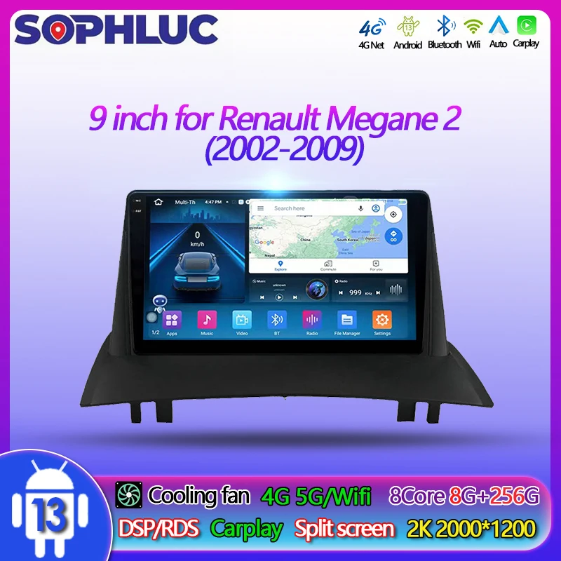 Sophluc 9 palcov Android 13 Car pre Renault Megane 2 2002-2009 multimediálny hráč GPS Navi BT DSP EQ 4G 5G WiFi 2Din CarPlay