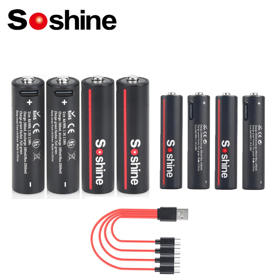 SOSHINE USB LITHIUM 600MWH 1,5 V AAA batéria a 3500MWh 1,5 V AA Nabíjateľné batérie Li-Ion AA a AAA Nabíjateľné batérie