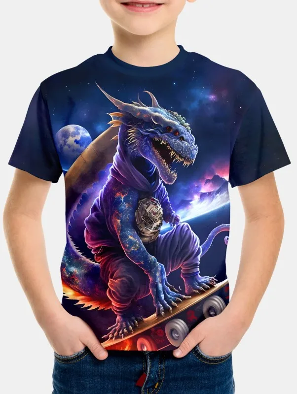 Space Dragon Skateboard 3D tlač Tričko pre chlapcov pre deti oblečenie detského chlapca oblečenia Tops Top košele s krátkym rukávom 2024 dieťa
