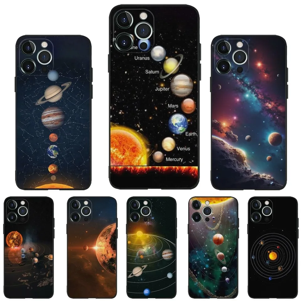 Space Planet Stars Moon Telefón puzdro pre iPhone 16,15,14,13,12,11, plus, Pro Max, XS, X, XR, SE, MINI, 8,7 Soft Silikone Black Cover