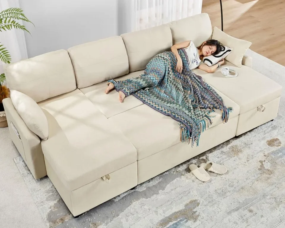 Spalova pohovka 110 palcov nadmerne 2 in 1 Pohybová pohovka Sleep Sleep s dvojitým úložným priestorom pre gauč Beige Béžová obývacia izba