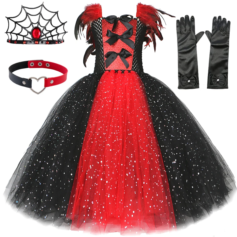 Sparkly Demon Vampire Queen kostým pre dievčatá pavúk čarodejnica Halloween dlhé tutu šaty deti Karneval outfit gotické perie oblečenie