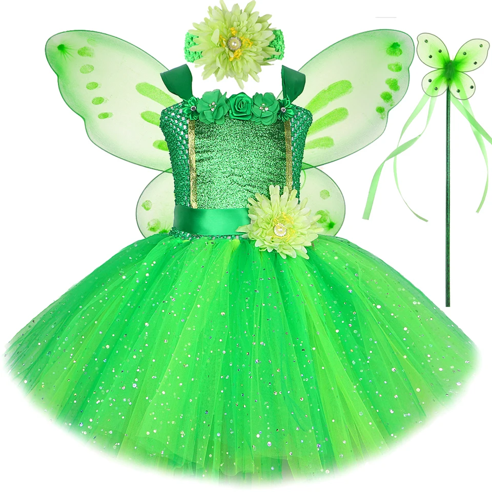 Sparkly Green Fairy Princezná šaty pre dievčatá deti vianočný kostým Halloween Kvetí dievča motýľ Tutu outfit s krídlami set