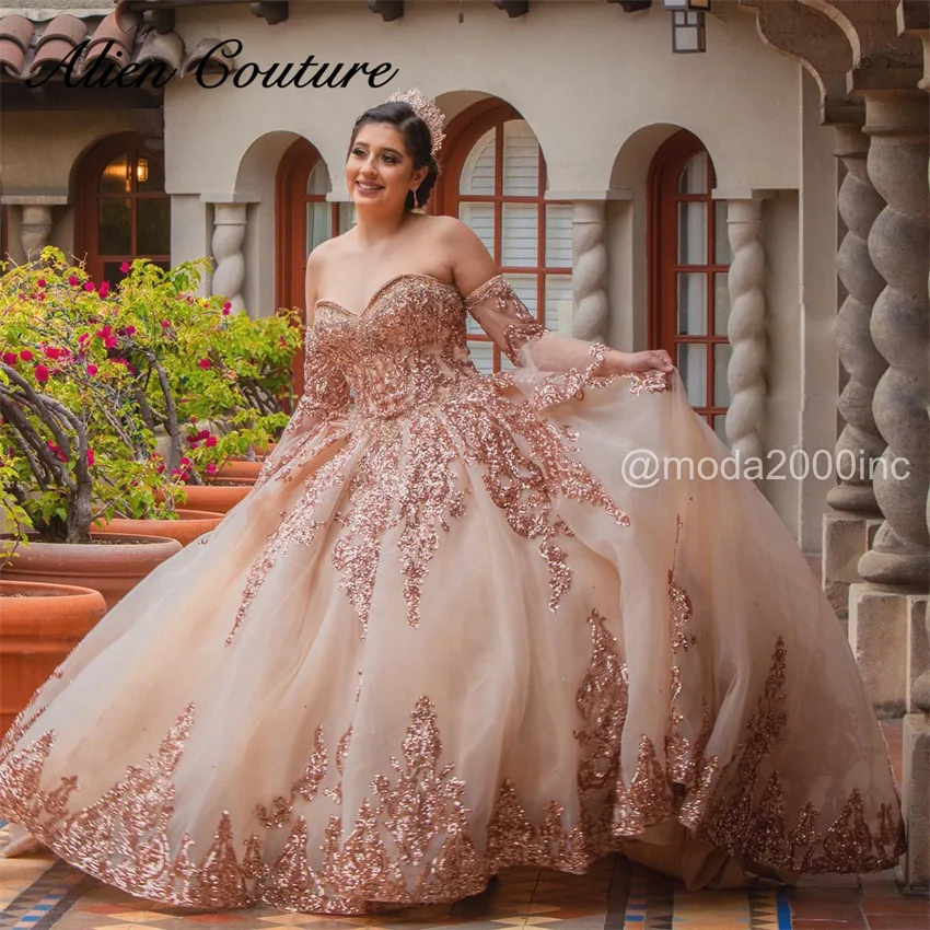 Sparkly Rose Gold Odnímateľné rukávy quinceanera šaty flitry kryštály Aplikácie narodeninové šaty Vestidos 15 años prispôsobené