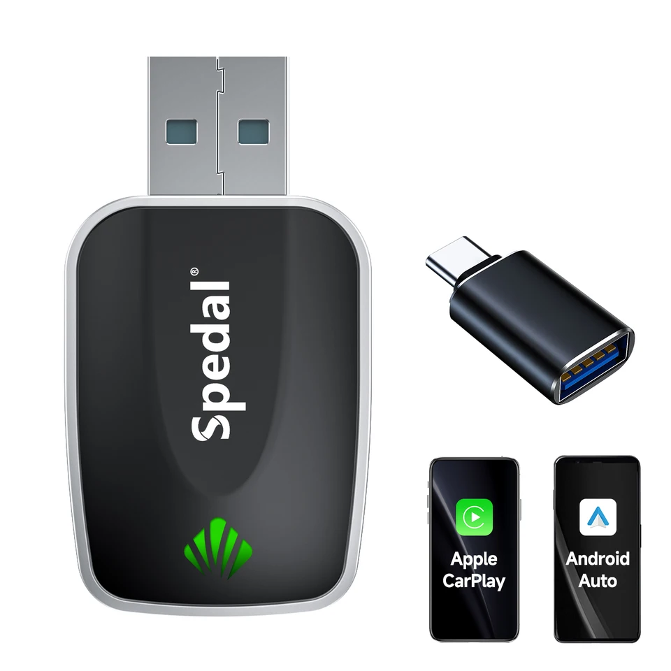 Spedal 2-v-1 zapojený do bezdrôtového adaptéra CarPlay Adapter a Android Auto Wireless Adapter Plug & Play