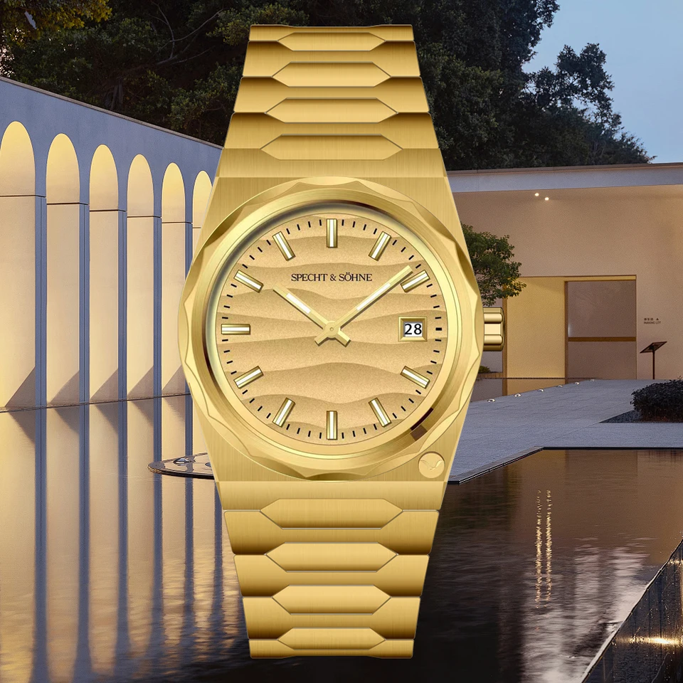 SPEHT & Söhne 222 PVD Gold Men's Watch 37 mm ultratenký Quartz náramok zafíru Sapphire Svieti