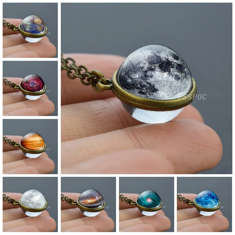 Sphere Sphere Crystal Ball Glass Glass Náhrdelník ručne vyrábaný dvojitý bočný sklenený guľa Prívesok Solárny systém vesmírny priestor Astronómia šperky