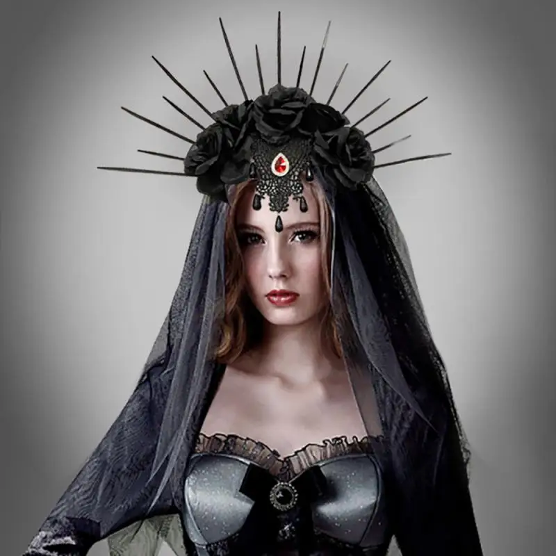 Spider Queen Crown Gothic Black Rose Veil Headband Cosplay Halloween Party Cosutmes rekvity lebky hlavy hlavy Medusa