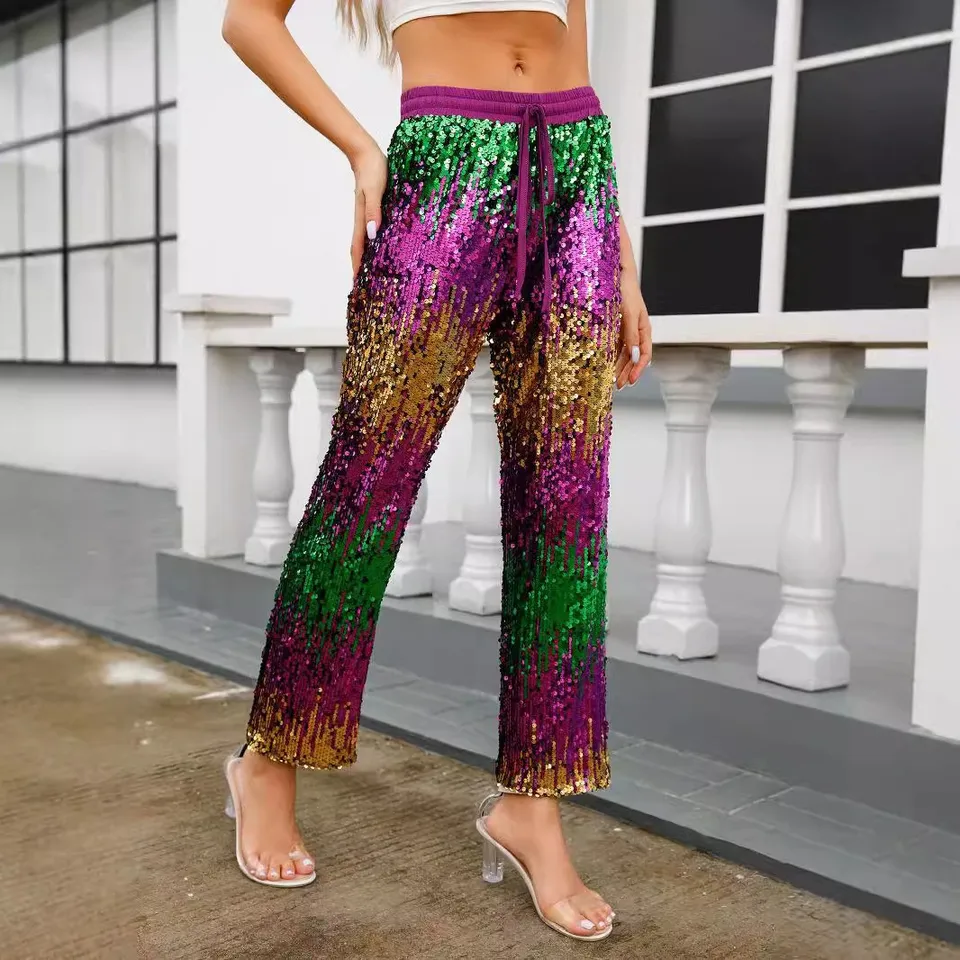 Splachový pás Priamy nohavice nohavice Dámsky gradient Glitter Príležitostné dlhé nohavice Sexy Clubwear Dámske nohavice Ropa de Mujer
