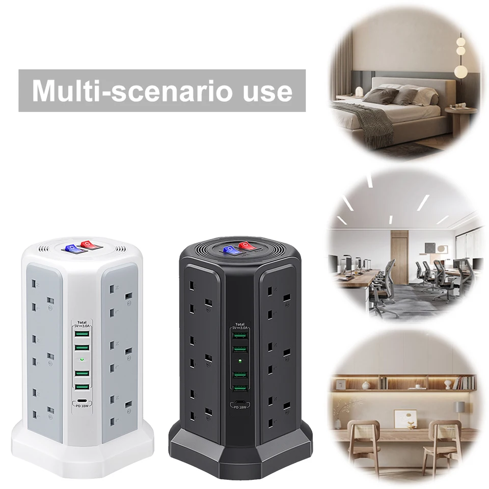 Spojené kráľovstvo 1,8 m rozšírenie predĺženia olovo 13A 3250W PD18W Tower Power Strip 5 USB portov a 12 -way viacúto predlžovacia veža s viacerými zástrčkami