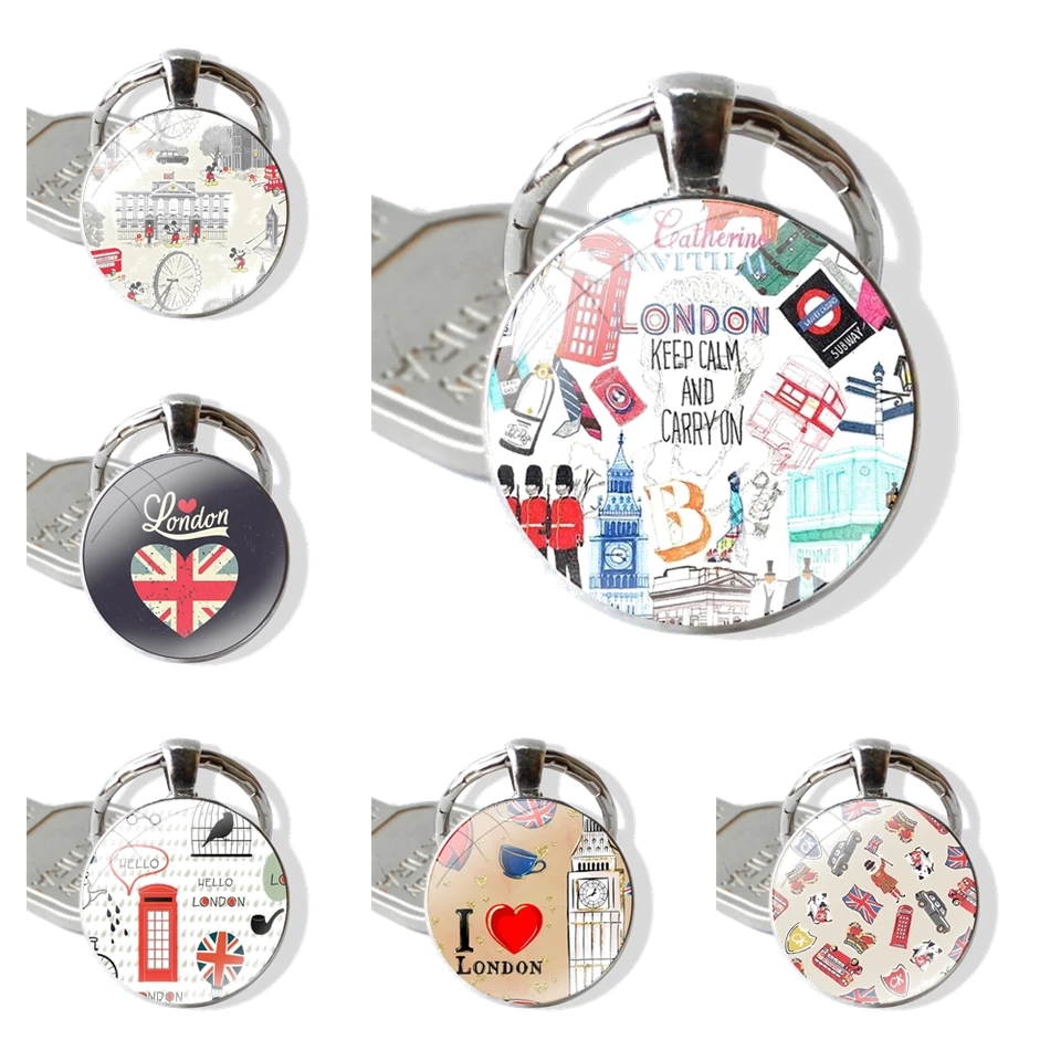 Spojené kráľovstvo London Keychain ručne vyrábané sklenené sklo Cabochon Key Ring Držiteľ príveskových kľúčových reťazcov