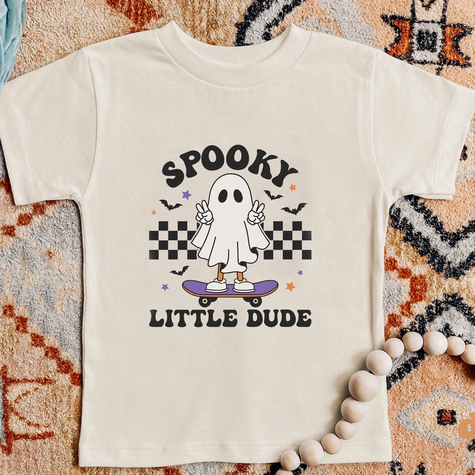 Spooky Dude Ghost Fall Halloween Kids Clothing, Spooky Vibes Tee Halloween Party Darček pre batoľatá tekvicové oblečenie