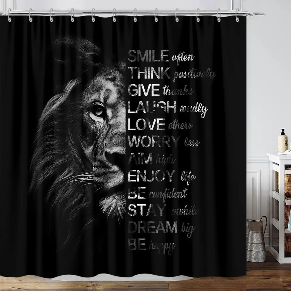 Sprchová záves, Lion Motivational Citát, nepremokavá látka, čierna, dekorácie pre mužov a chlapcov, vrátane závesu na sprchu háčikov