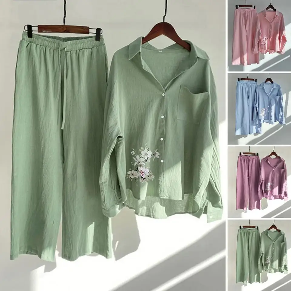 Sprind Summer Cotton Linen Dámske 2 kusové súpravy oblečenie Vytlačené elegantné príležitostné plus zhodné súpravy dámske blúzky blúzky nohavice