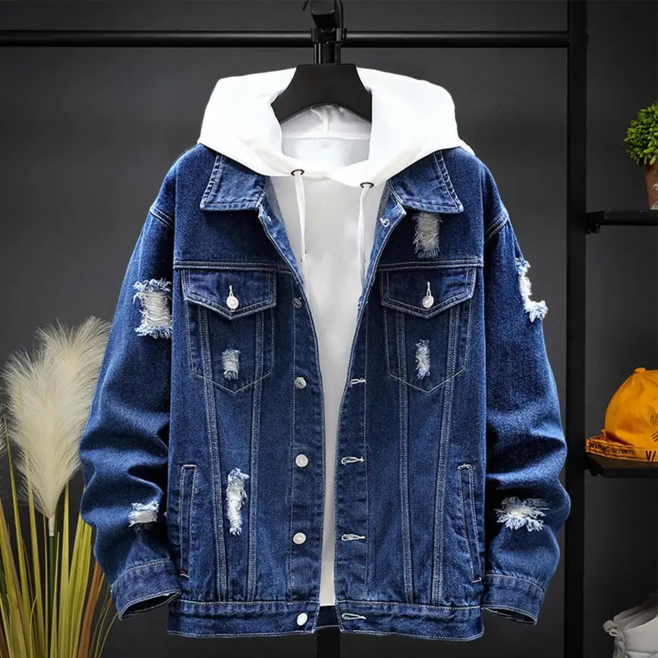 Spring Autumn Men Denim bunda klopa roztrhané gombíky zatvorenie džínsové kabáty pevné farby voľné diery džínsové kabáty Pánske oblečenie