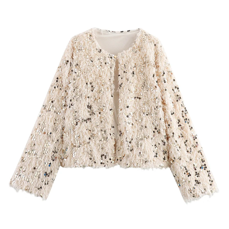 Spring Autumn New Sequine Bunda Elegantné okrúhle krk s dlhým rukávom Coat Top Dám