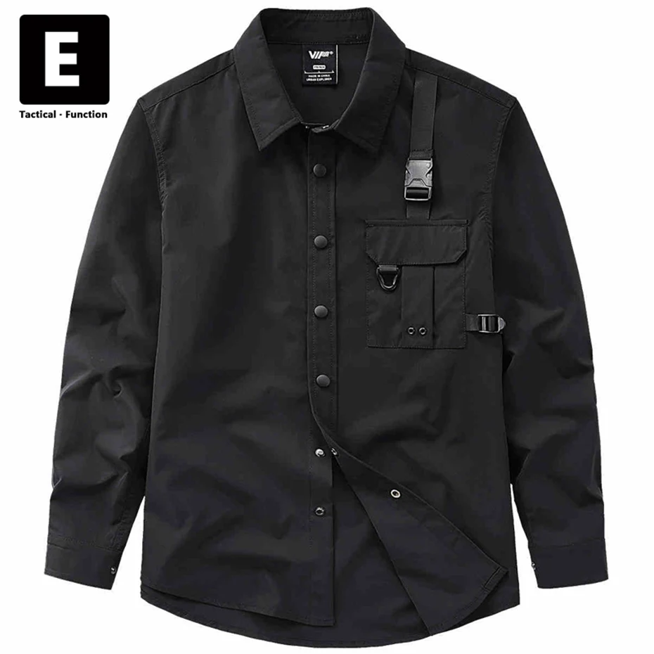 Spring Autumn s dlhým rukávom košele muži čierny nákladný košeľa hip hop hopu streetwear technowear košele vrecko na dizajn gombíka taktický muž