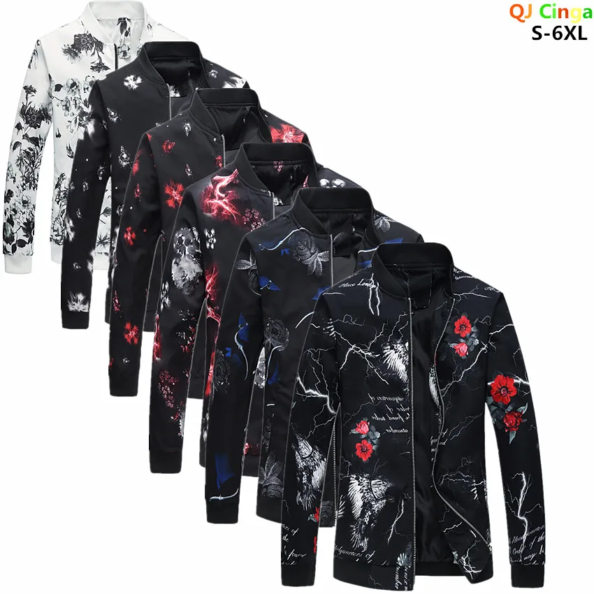 Spring Black Men's Print Jacket, Baseball Collar Zip Switch Coat, Ázijská veľkosť M-5xl 6xl módna leformálna jaqueta
