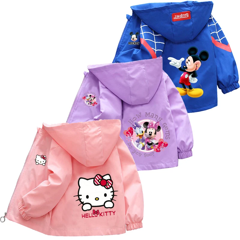 Spring Boys Girls Coats Cartoon Mickey Minnie Bunda s kapucňou pre deti mikina deti Hello Kitty Windbreaker Vousar 1-10Y