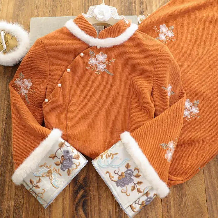 Spring Fall Dámske výšivky kvetiny kožušina Orange Corduroy Placket Slim Dress, žena jesenné vinobranie čínske šaty
