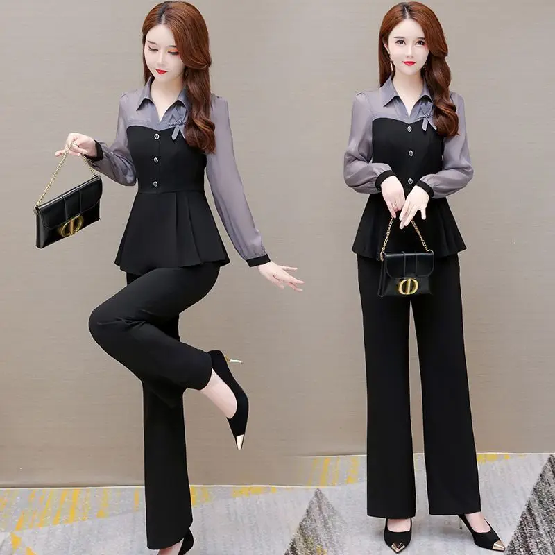 Spring Fashion Elegantné ženské nohavice súpravy 2024 NOVÝ TUR TURN GOLLAR Patchwork šifón Slim Office Lady 2 kusy Outfits Pantsuits
