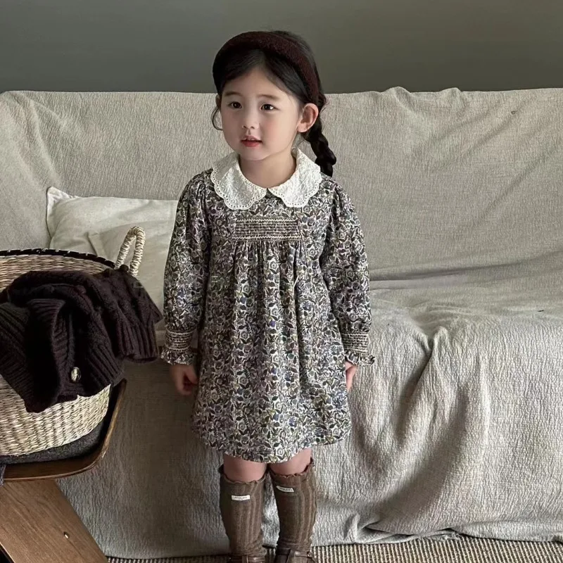 Spring Girl Floral Dress Fashion Detské oblečenie 2024 Jeseň Nové detské deti Dutiny z klopa retro štýl s dlhým rukávom