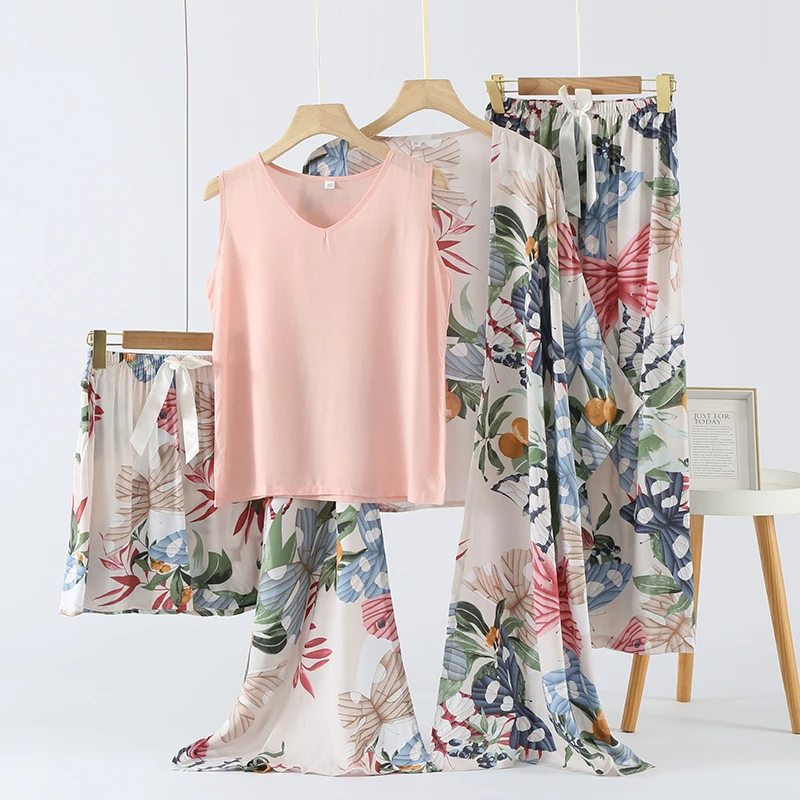 Spring Ladies Pajama Set Viskose 4ks Set Cardigan+Vesta+nohavice+šortky kvetinové tlačené elegantné femme