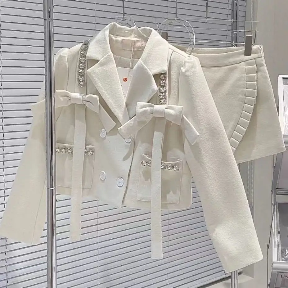 Spring Lady Suits Bowtie Diamonds Blazers Coat Ol Double Breasted Reminestone Bláck