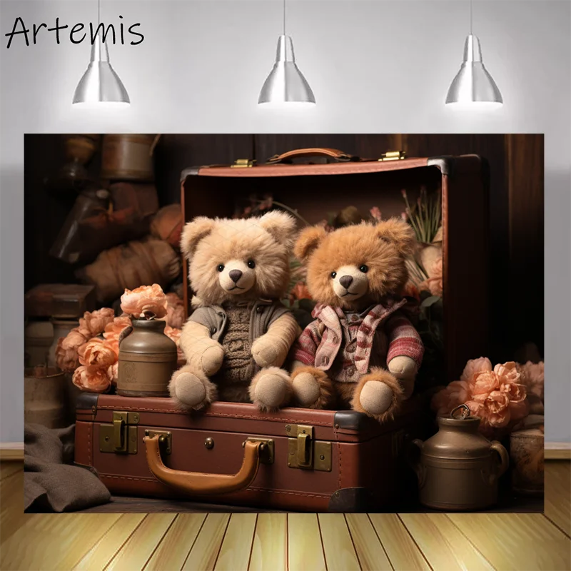 Spring Photography Backdrop Toy Bears veľké hnedé kufre pre bábätká dekorácia narodeniny portrét pozadia fotografické štúdio