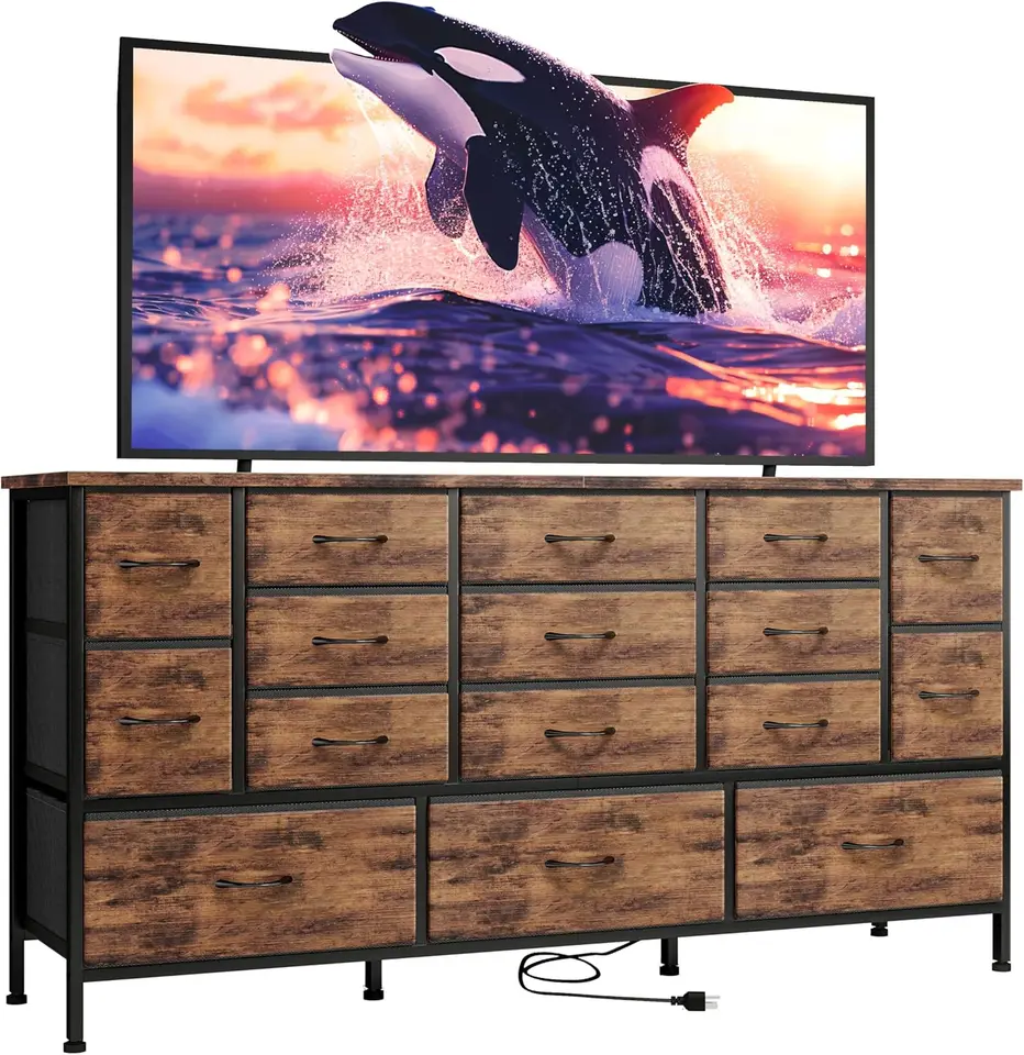 Spálňa, 16 veľkých zásuvkových komody, dlhá televízna stojan pre 55, 65, 70 palcový televízor s výkonovými zásuvkami, tkaninová hrudník pre spálňu,