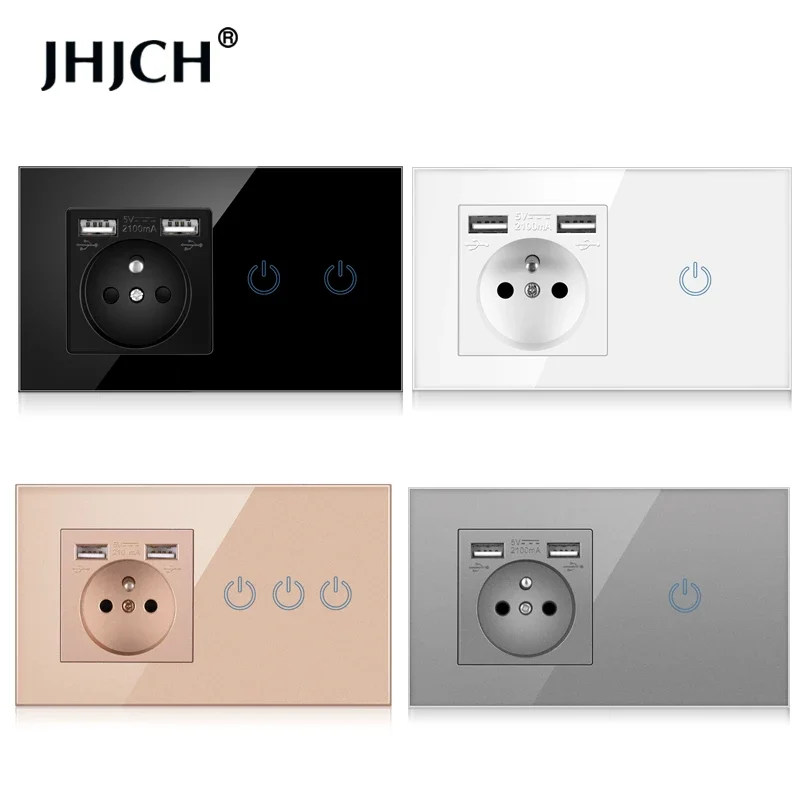 Spínač dotykového senzora JHJCH s objímkou ​​so skleneným panelom USB 146*86 mm 220V 16A stena s objímkou ​​so svetlom 1/2/3Gang 1Wang