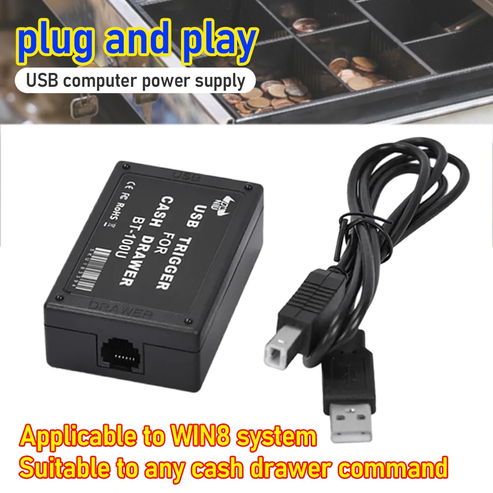 Spúšťač ovládača zásuvky čiernej hotovosti s rozhraním USB vhodný pre akýkoľvek príkaz na zásuvku v hotovosti, ktorý je k dispozícii pre systémy Win8 BT-100U