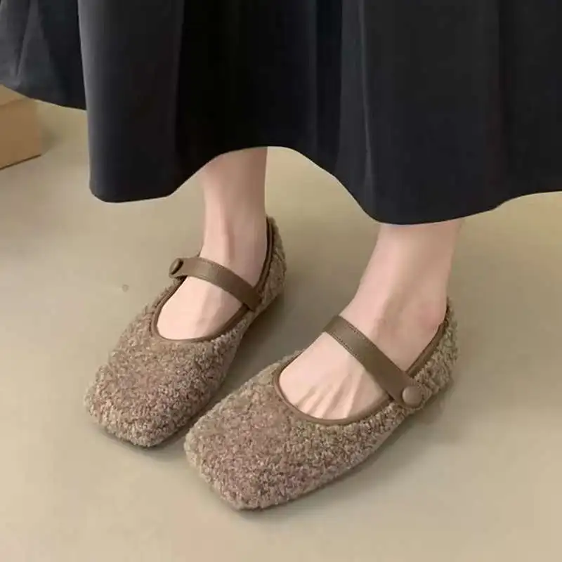 Square Toe Cozy Lambwwool Balet Flats Woman Warm Teddy Fur Mary Jane Shoes Dámy Elegantné nadýchané plyšové mokasiniská vychádzkové topánky