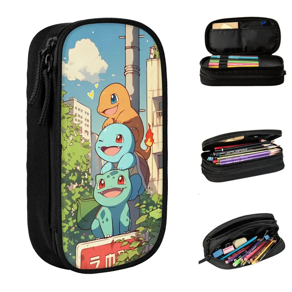 Squirtle a Charmander Kid's Cencil Case Puzdro Dvojvrstvová kapacita Kancelária Kancelária Bulbasaur Darček pre deti