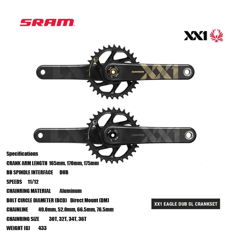 SRAM XX1 EAGLE DUB SL CRANKSET DUB ™ Technology poskytuje najľahší, najtudnejší a najsilnejší kľukový súbor k dispozícii