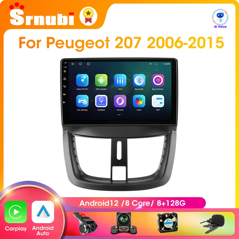 SRNUBI Android 12 CarPlay Stereo Radio pre Peugeot 207 CC 207CC 2006-2015 Automobilový multimediálny hráč 2DIN GPS navigácia 4G DVD