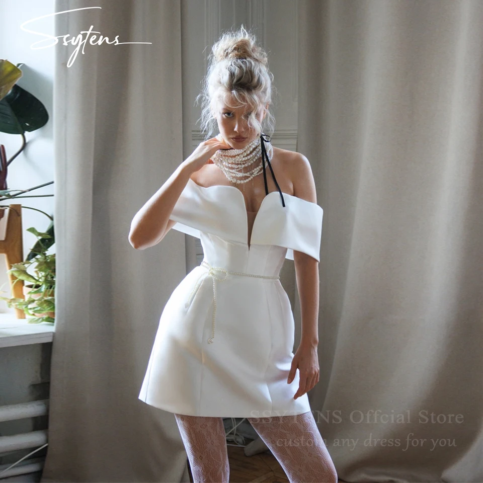 Ssytens elegantné krátke svadobné šaty Mini formálne šaty pre nevesty, obliekanie udalosti na základe ramena Sexy dievčatá, ktoré sú backless Svadobné šaty