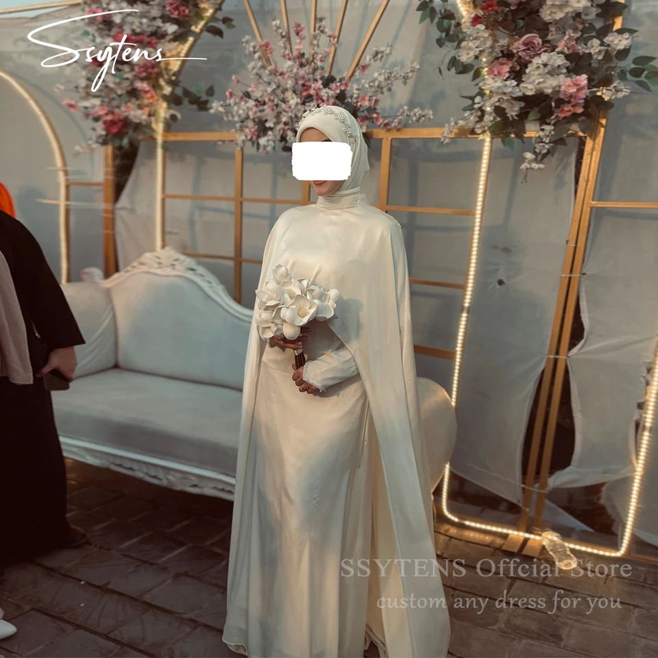 Ssytens Elegantné prispôsobené moslimské svadobné šaty Formálne plesové šaty Cape High Crck Svadobné šaty Arabské arabské na mieru nevesty Večerné šaty