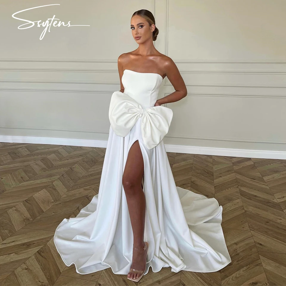 Ssytens Modest Svadobné šaty bez rukávov Svadobné šaty bez ramienok Izrael Bow Vestido de Noiva Casamento nevesta šaty štiep