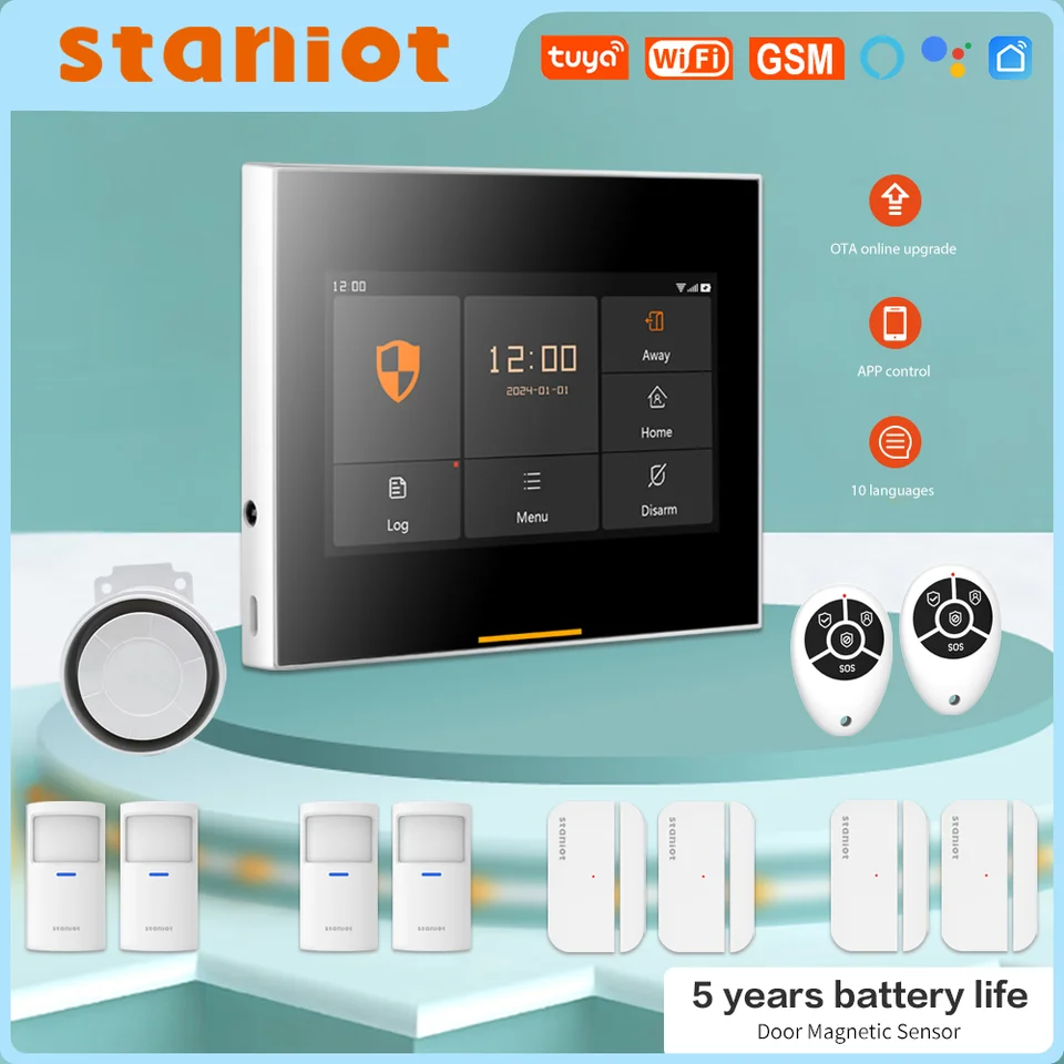 Staniot Tuya Smart Wireless Security Home WiFi GSM Alarm System Lacllar pracuje s hlasovým ovládaním Alexa a Google Assistant